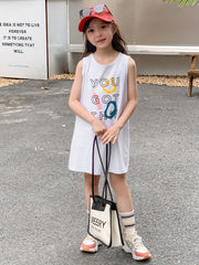 Girls Cartoon Print Cotton Dress Sleeveless Crew Neck for Summer