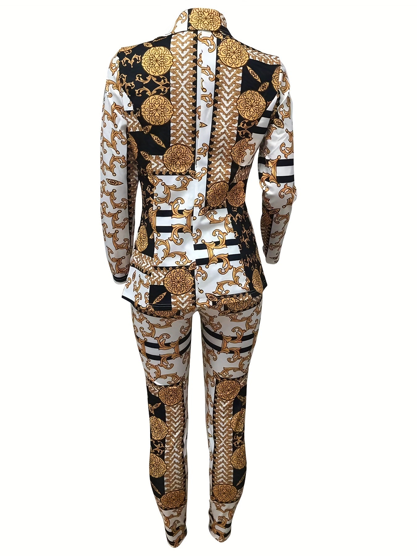 Baroque Floral Print 2pc Set Long Sleeve Tops & Slim Pants Outfits