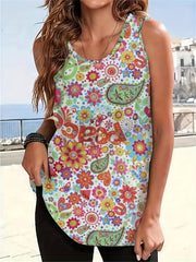 Boho Tank Top Women's Plus Paisley Print Round Neck Medium Stretch