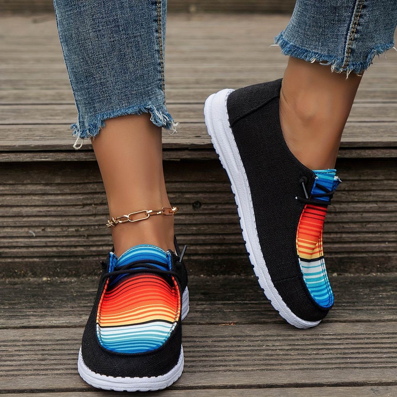 Women's Block Stripe Summer Shoes Thick Sole Casual Lightweight Shoes