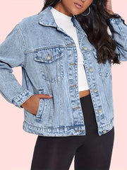 Flap Pockets Denim Coats Single Breasted Button Long Sleeves Lapel Denim Jackets
