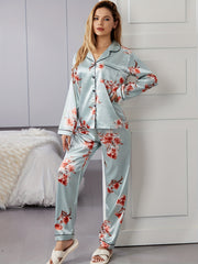 Floral Satin Pajama Set Long Sleeve Top & Pants