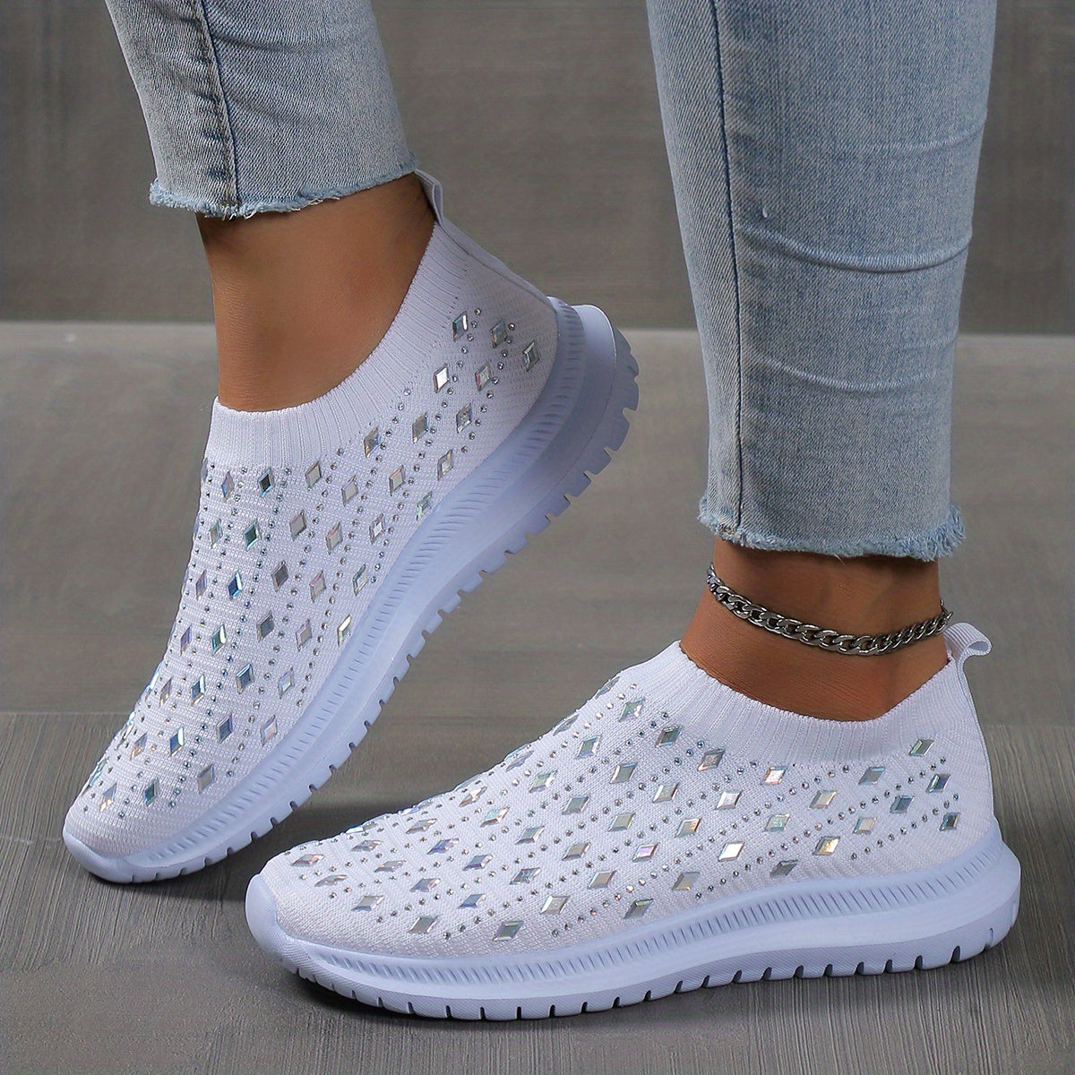 Women's Rhinestone Knit Slip-On Sock Shoes