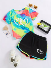 2pcs Toddler Girls Heart Graphic T Shirts & Track Shorts Set