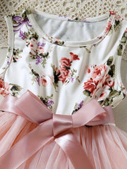 Girls Boho Floral Tank Dress With Band Belt Princess Dress