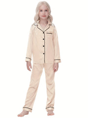 2pcs Kid's Solid Satin Pajamas Button Front Top & Pants Set
