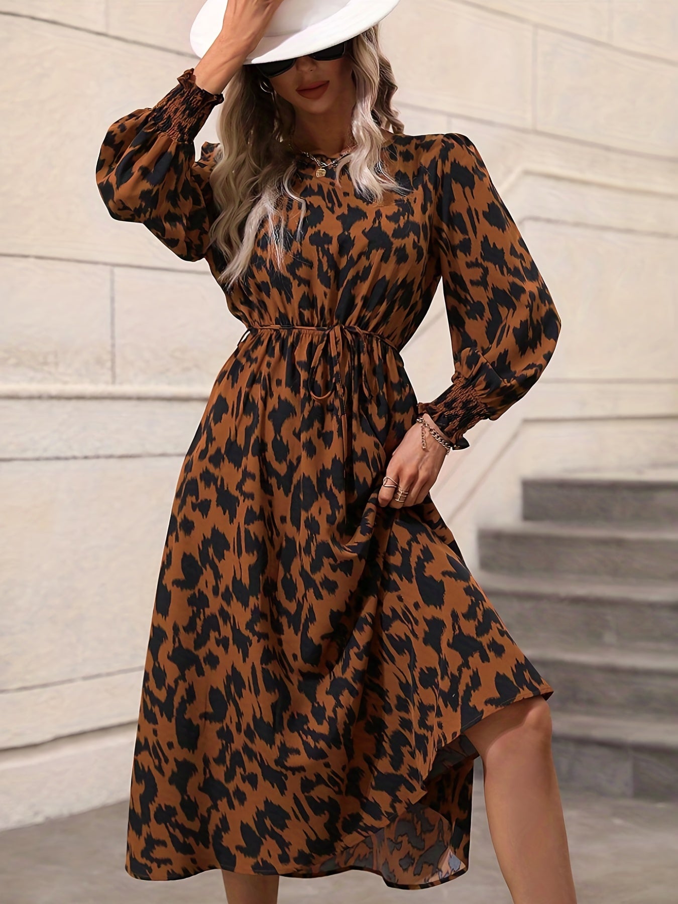Leopard Print Crew Neck Dress Long Sleeve Dress