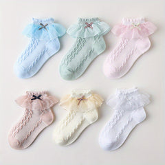 6 Pairs Girls Cotton Blend Ruffle Lace Short Crew Socks for Spring
