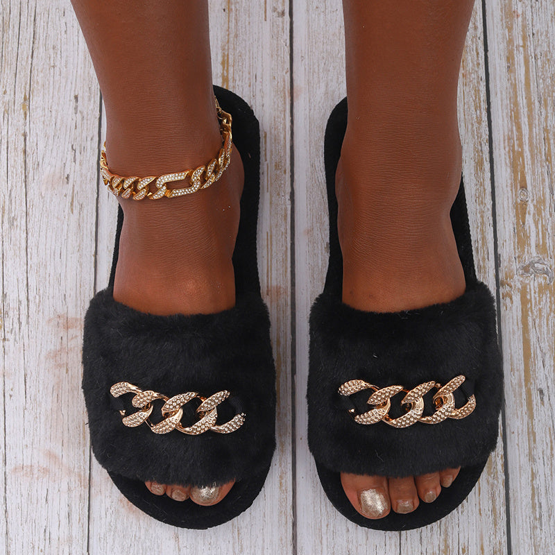 Fuzzy Bedroom Slippers Crystal Flat Sandals Women's Footwear