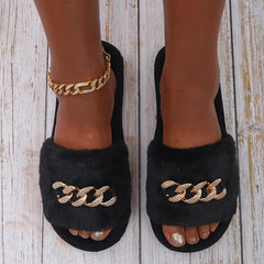 Fuzzy Bedroom Slippers Crystal Flat Sandals Women's Footwear
