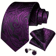 DiBanGu Formal Mens Necktie Set Silver Ring Purple Paisley Ties