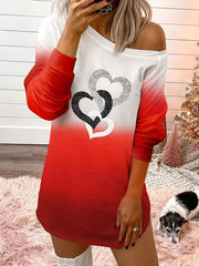 Heart Print One Shoulder Long Sleeve Mini Dress