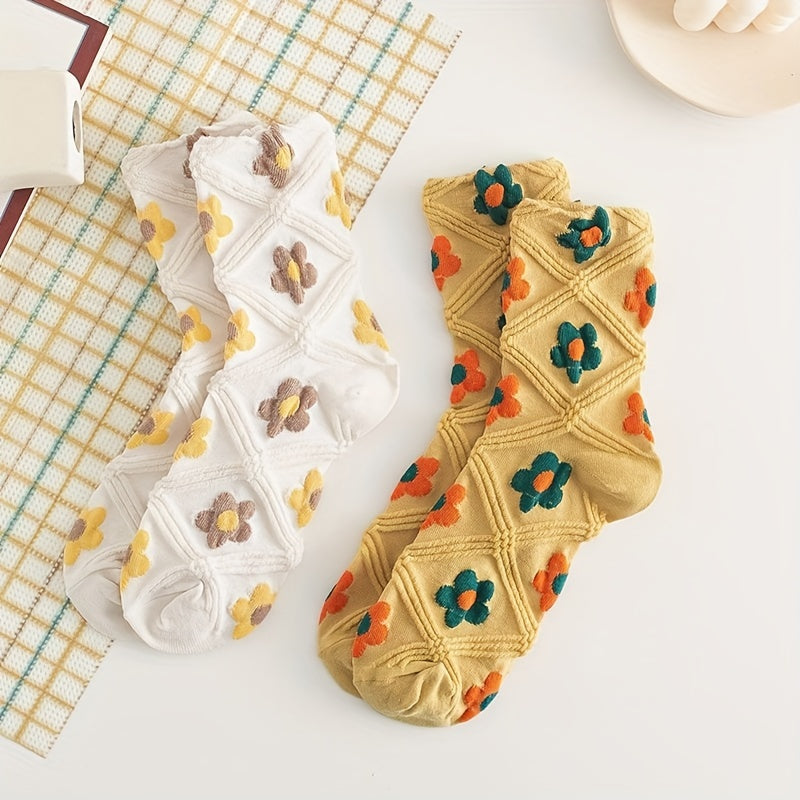 5 Pairs Floral & Argyle Print Socks Breathable Stockings Women's Hosiery