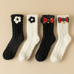 4 Pairs Floral & Bow Decor Socks Comfy & Fuzzy Floor Socks Women's Stockings