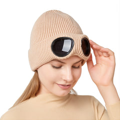 Warm Knitted Beanie Hat with Ski Goggles for Winter Outdoor Activities