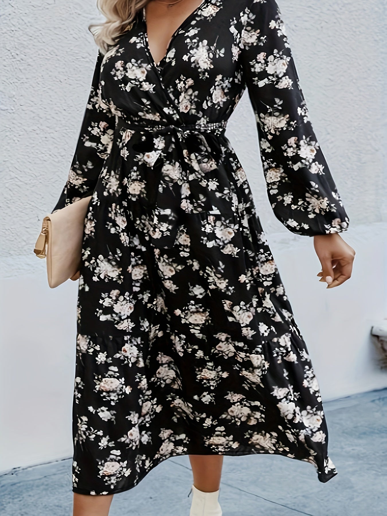 Women's Plus Floral Print Long Sleeve Dress With Belt