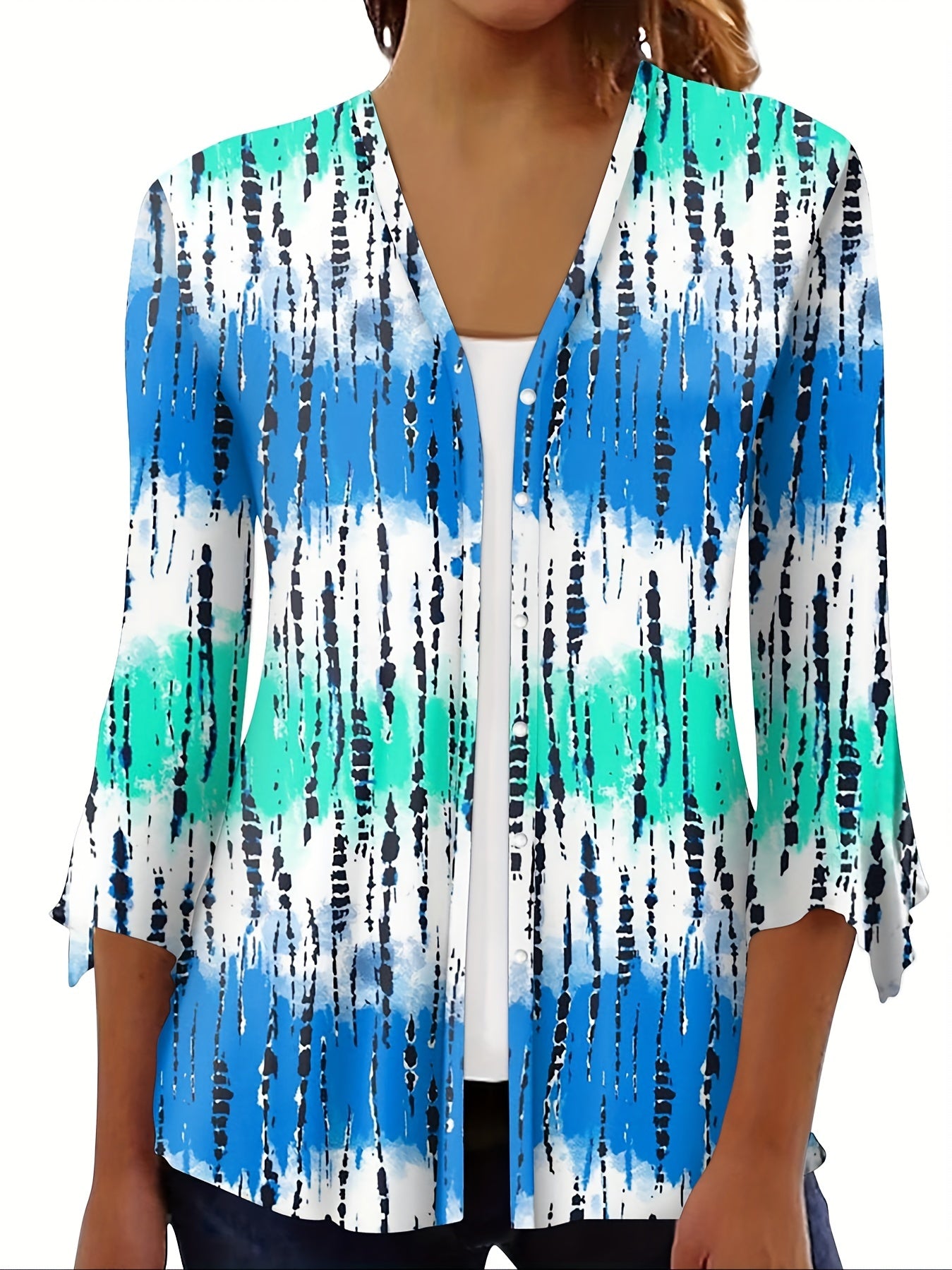 Floral Print Button Front Blouse Three Quarter Sleeve Cardigan