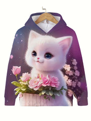 3D Kitty Flower Garden Hooded Sweatshirt For Girls