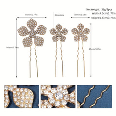 3pcs Rhinestone Flower Hair Pin Bridal Wedding Accessory