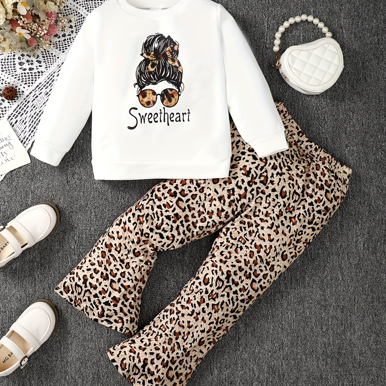 Girl's Leopard Outfit Sweatshirt & Flared Pants Set for Spring Fall