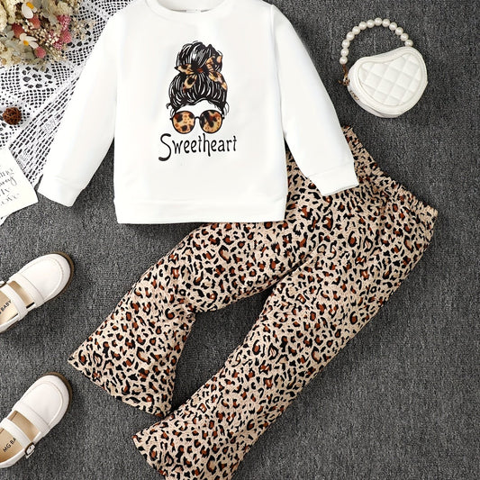 Girl's Leopard Outfit Sweatshirt & Flared Pants Set for Spring Fall