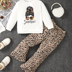 Girl's Leopard Outfit Sweatshirt & Flared Pants Set for Spring Fall