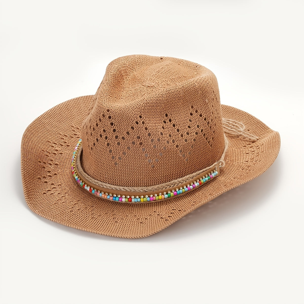 Hollow Crochet Straw Sun Hat Western Style Cowboy Hat Beads Band Decor