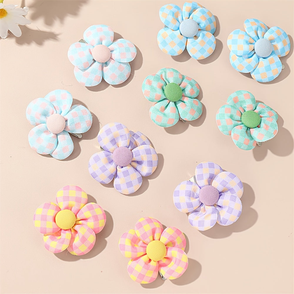 10pcs Girls Plaid Pattern Flower Hair Clips Side Clip Hair Accessories