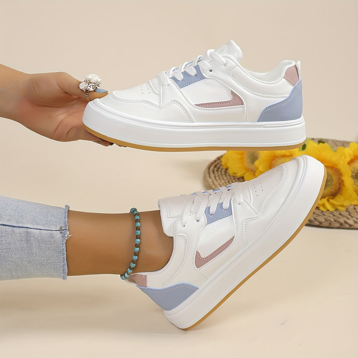 Women's Colorblock Flatform Sneakers Low Round Toe Lace Up Trainers