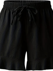 Solid Ruffle Trim High Rise Elastic Drawstring Loose Shorts