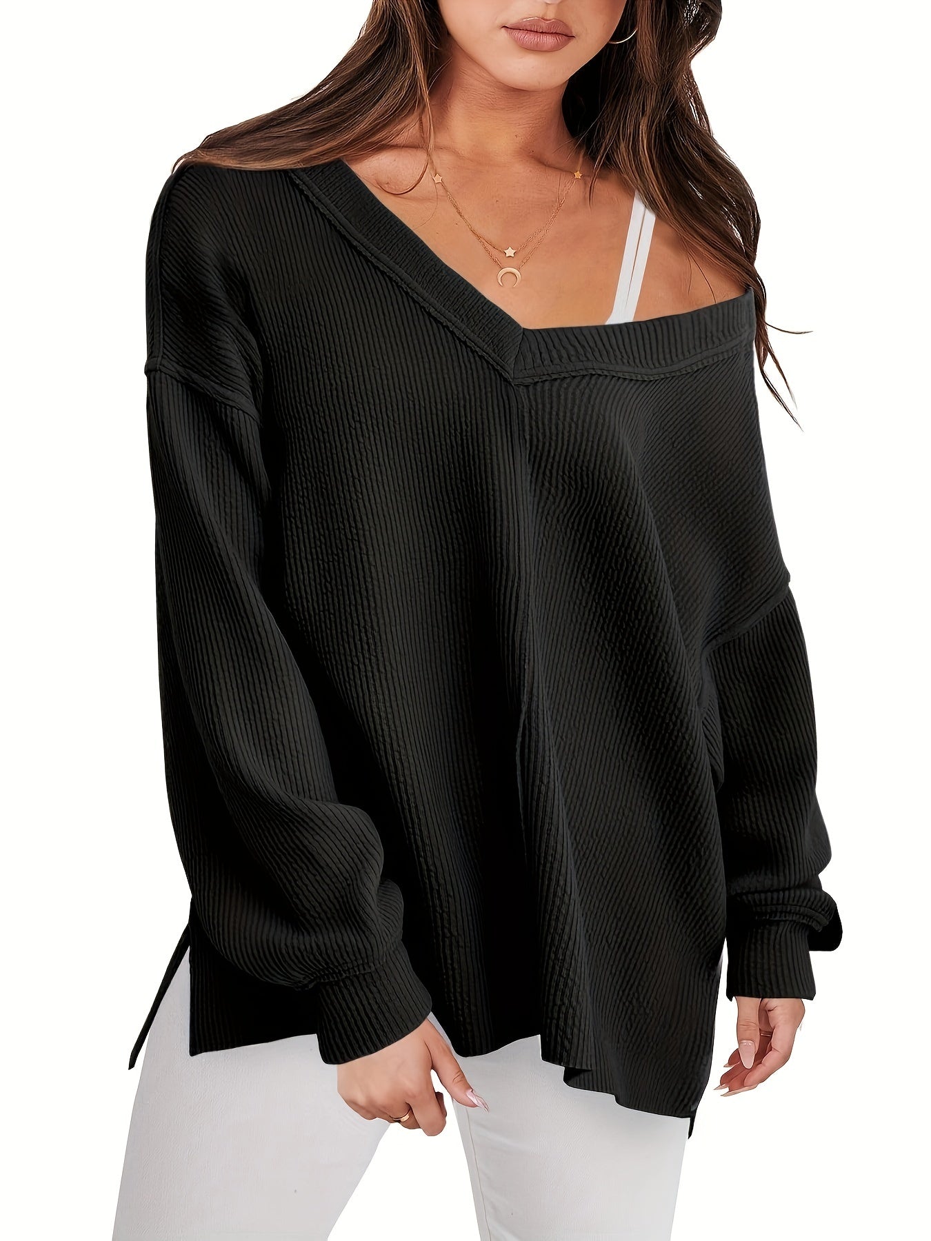 Solid Long Sleeve V Neck Knit Top