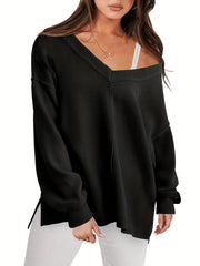 Solid Long Sleeve V Neck Knit Top