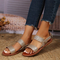 Glitter Sequins Flat Sandals with Buckle Strap