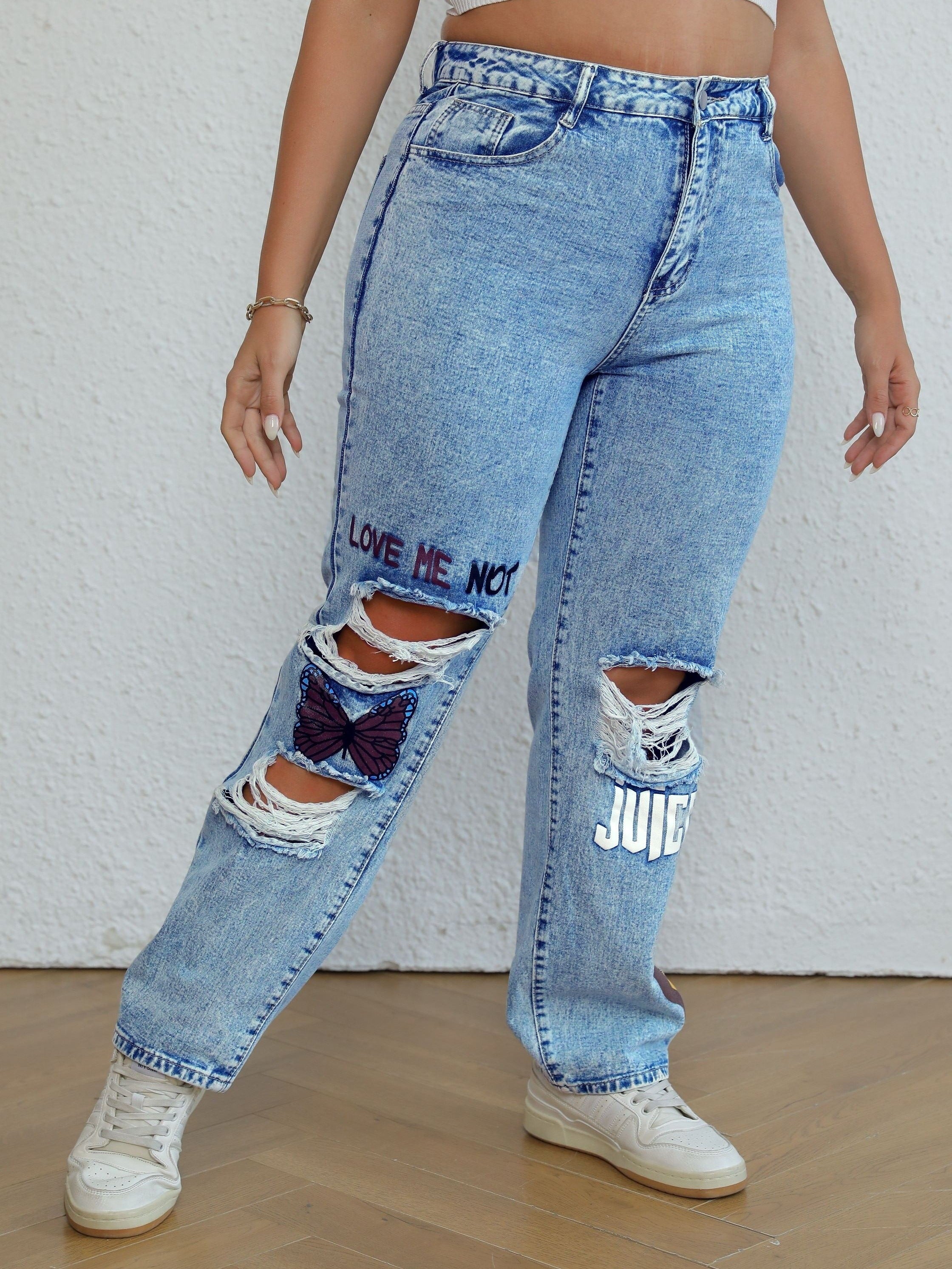 Y2K Butterfly Print Ripped Jeans