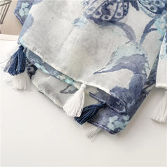 Ink Butterfly Print Grey Scarf 31 50' 70 87' Tassel Shawl Women Head Wrap