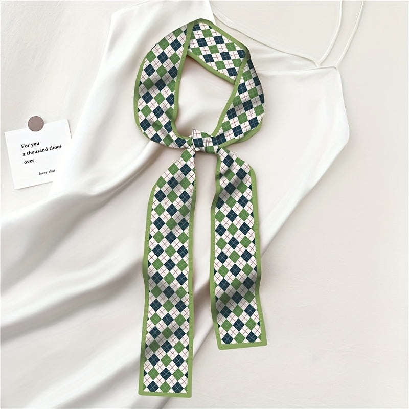 Green Print Skinny Scarf Neckerchief Floral Polka Dot Plaid Pattern Neck Tie