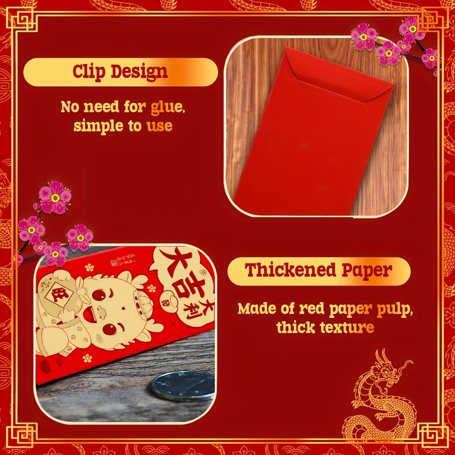 6pcs 3D Embossing Red Envelopes Hot Stamping Year Packet