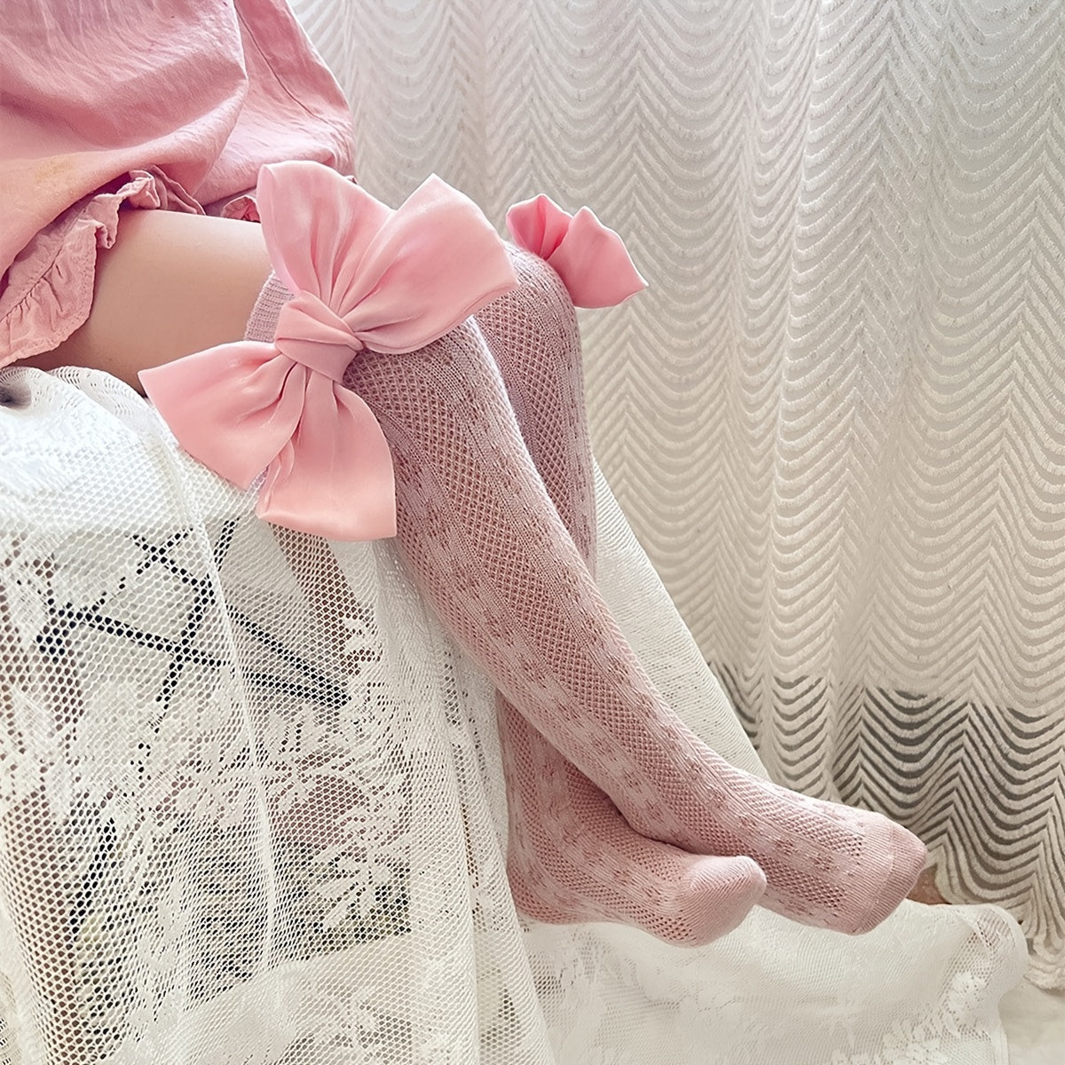 Girls Bowknot Knee High Fishnet Socks