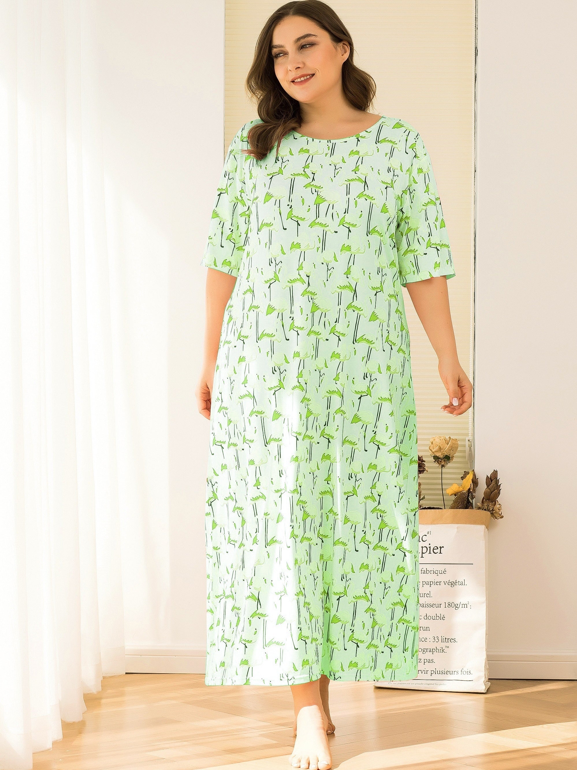 Plus Flamingo Print Short Sleeve Nightdress