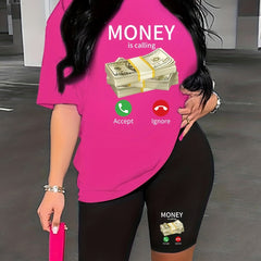 Funny Graphic Print Two Piece Set Crew Neck T-shirt & Slim Shorts