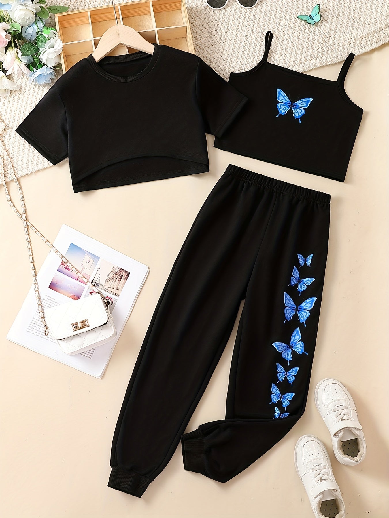 Girls' Butterfly Graphic Casual Suit 3pcs Set