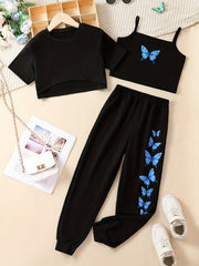 Girls' Butterfly Graphic Casual Suit 3pcs Set