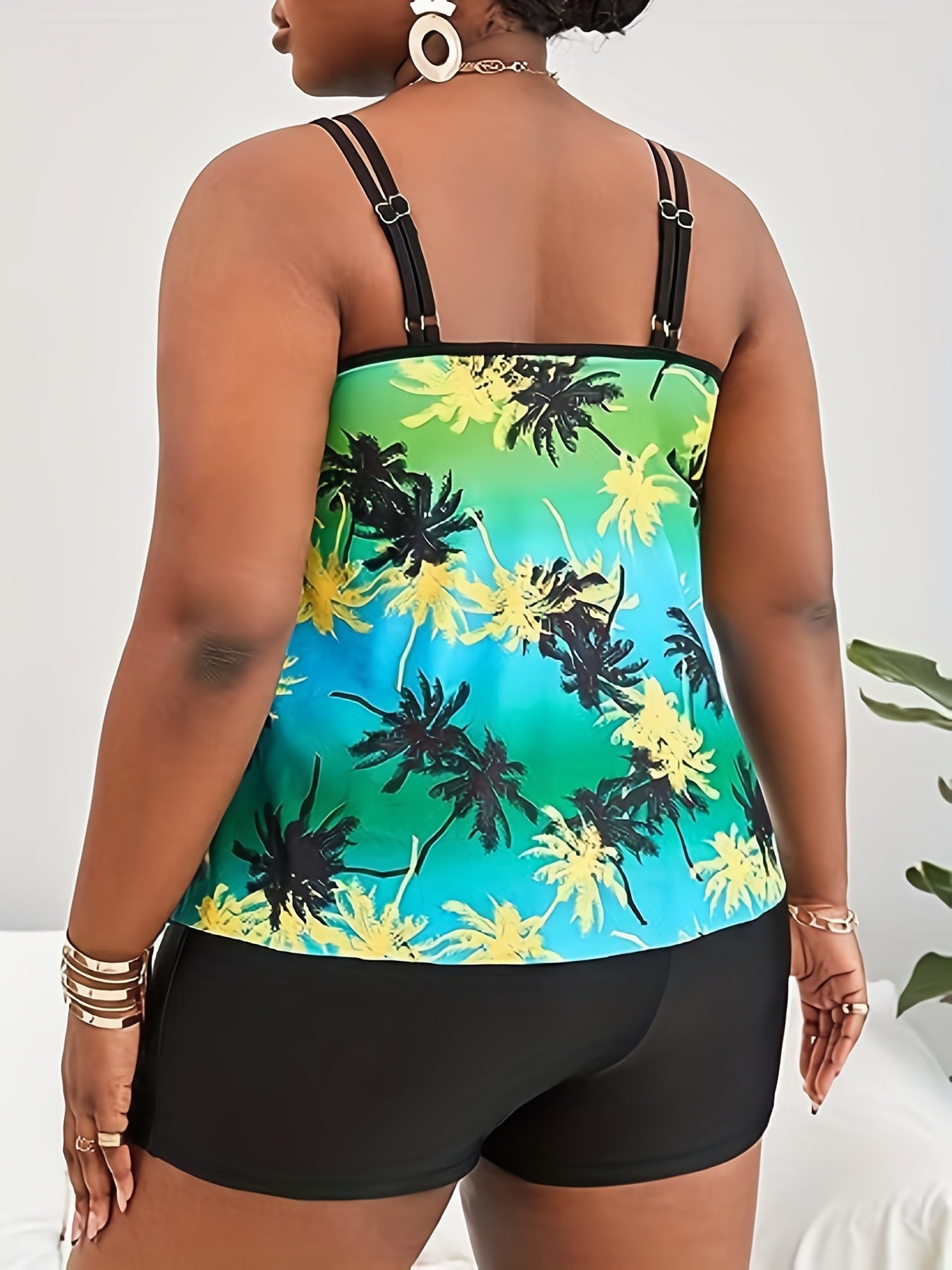 Tie Dye & Tropical Print Tankini Set Plus Size Swimsuit