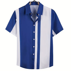 Men s Casual Block Stripe Graphic Short Sleeve Button Down Hawaiian Shirt