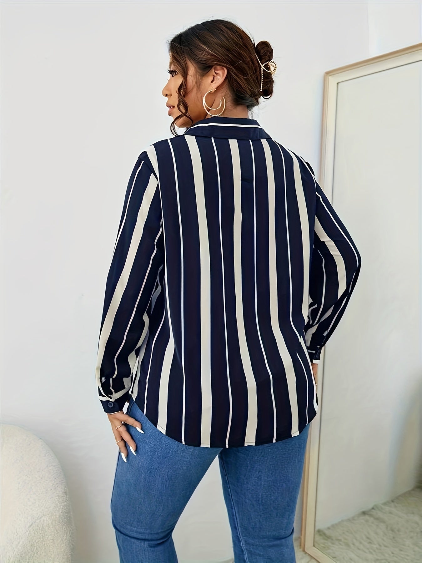 Stripe Print Long Sleeve Button Up Shirt Top
