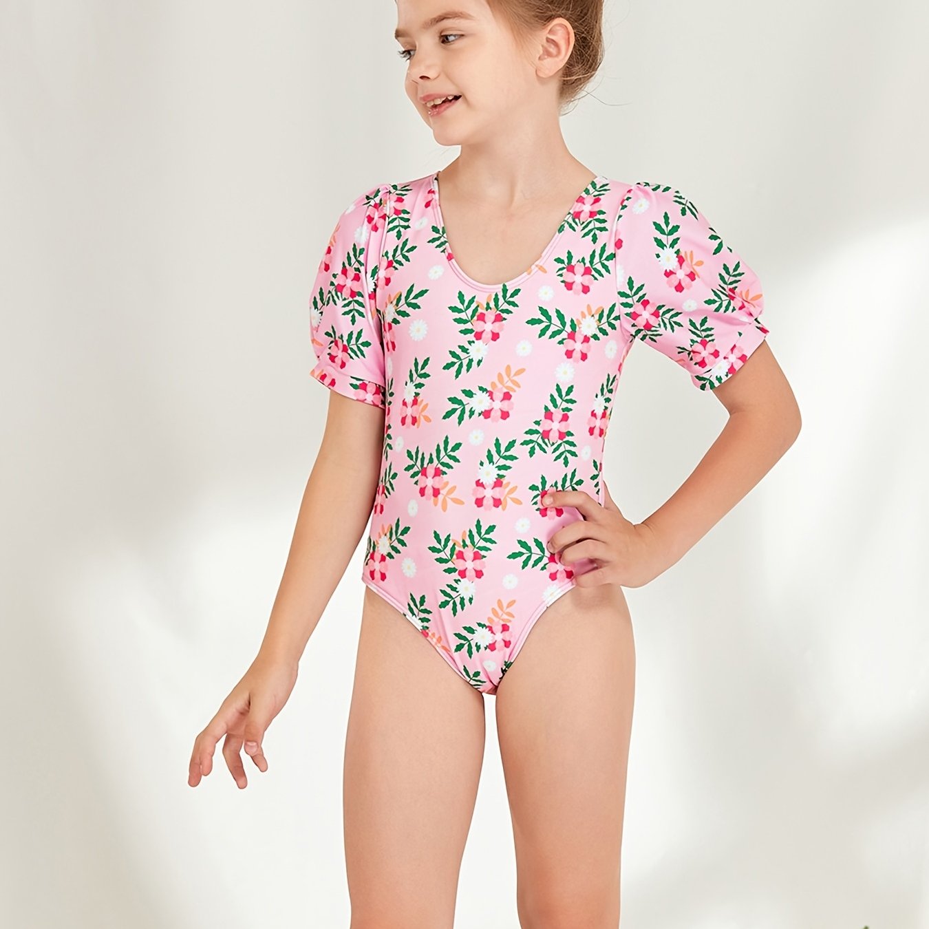 Girls Short Puff Sleeve Flowers Swimsuit Kids Beach Clothes Bathing Suits