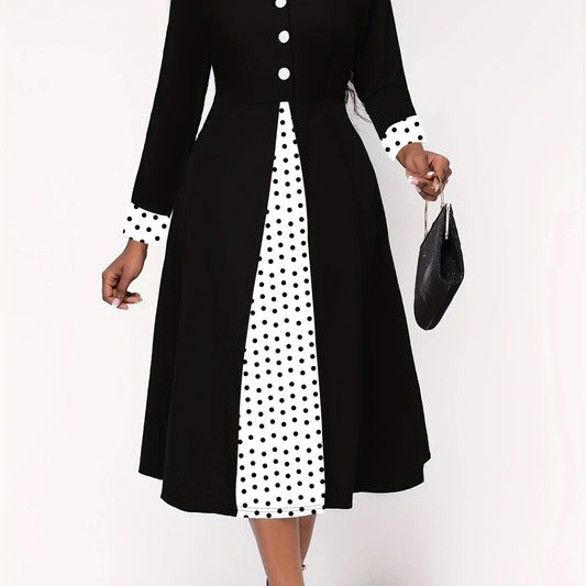 Retro Dress Colorblock Dot Print V Neck A line Midi Dress