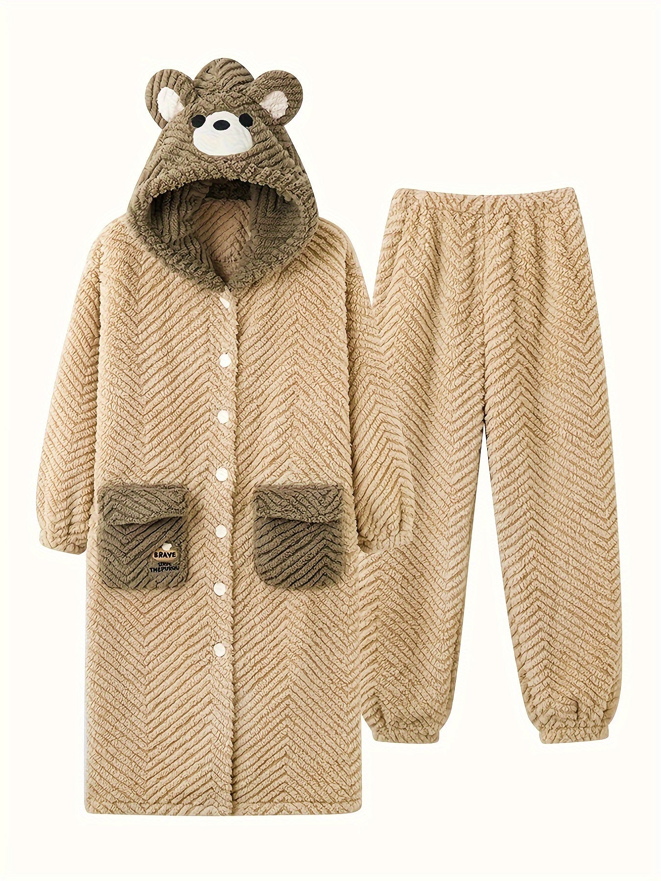 Cartoon Bear Pajama Set Robe & Pants Women's Sleepwear
