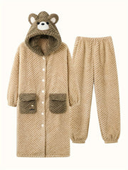 Cartoon Bear Pajama Set Robe & Pants Women's Sleepwear