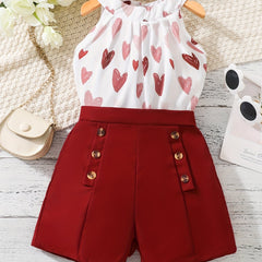 2pcs Toddler Girls Heart Halter Top & Shorts Set Summer Clothes